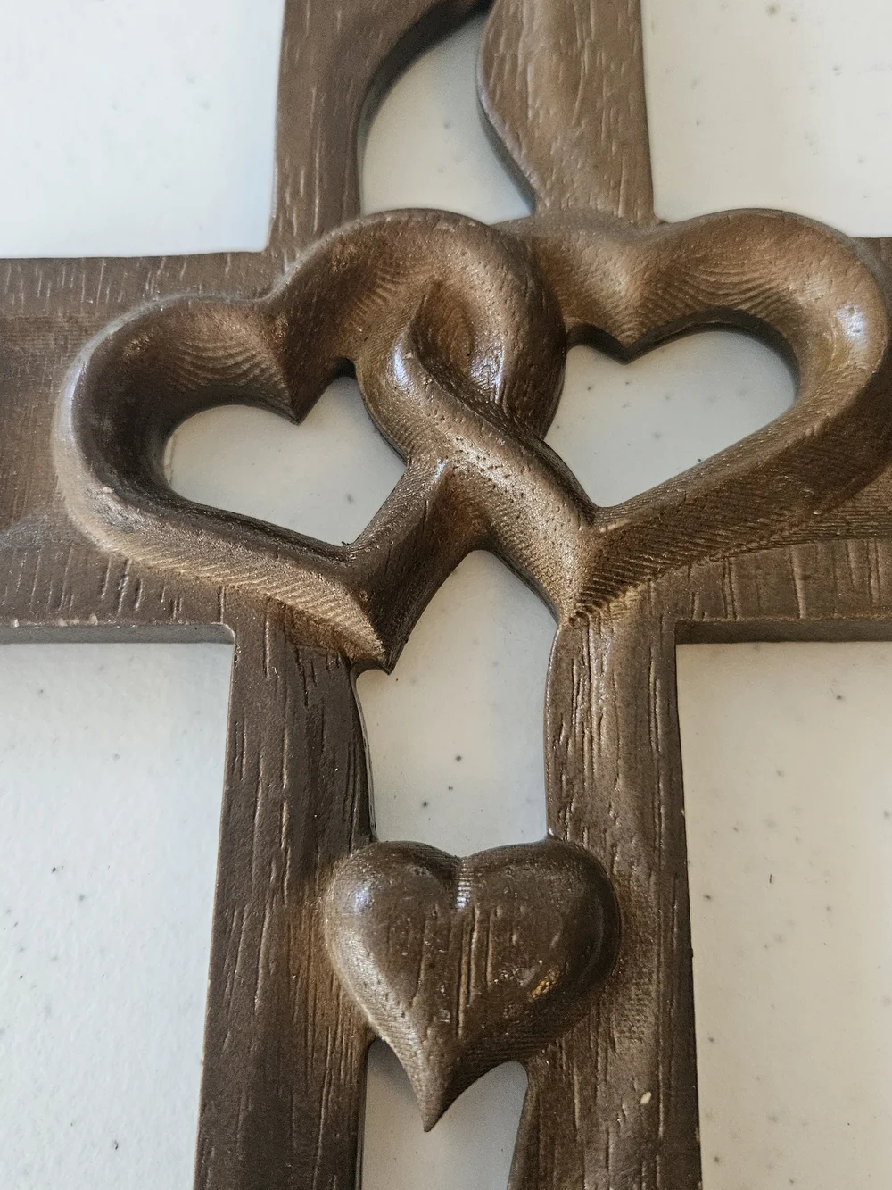 Wooden Cross Wall Decor with Interlocking Hearts - Brown